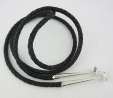 43.5" Top Quality Black Leather 6 Ply Bolo Tie Cord & Large Sterling Silver Tips