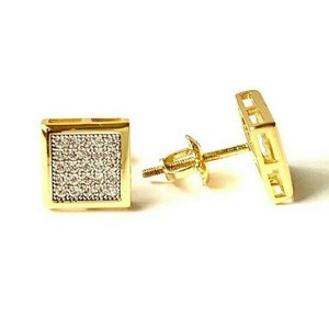 Authentic 14k Gold Plated Hip Hop Square Sterling Silver Screw Back Stud Earrings