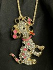 Puppy Dog Puffy Pendant Silver Rhinestones Pink Black Enamel - Gold Tone 4x7cm