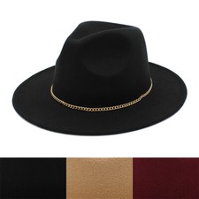 Premium 3" Wide Brim Solid Color Felt Gold Chain Fedora Panama Hat