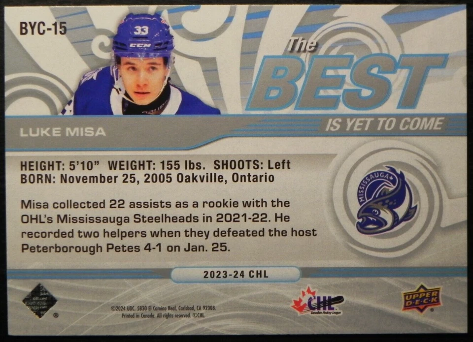 2023-24 23/24 Upper Deck CHL The Best is Yet to Come BYC-15 Luke Misa Steelheads - Image 2 of 2