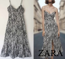 Zara White Black Floral Paisley Printed Midi Strappy Summer Dress size S 8 10