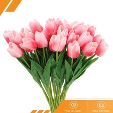 24Pack Fake Tulips Artificial Flowers PU Tulips Real Touch with Stems Deep Pink