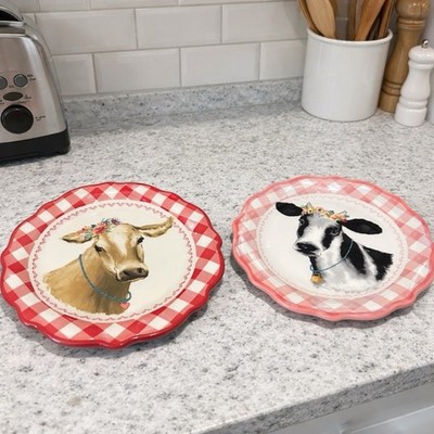 Two Dairy Cow Stoneware Dessert Plates Gingham Pattern
