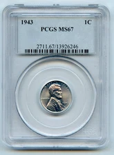 1943 Lincoln Steel Cent 1c PCGS MS67