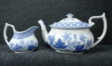 Spode Geranium Teapot & Creamer Pitcher Blue Floral China Set England C1820V M9
