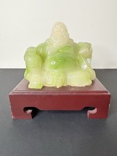Vintage Chinese Laughing Buddha Sculpture with Wooden Base