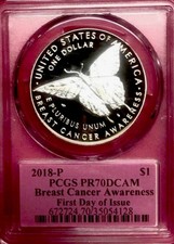 2018-P BREAST CANCER AWARENESS Silver Dollar PCGS PR70💥FLAWLESS QUALITY💥FDOI