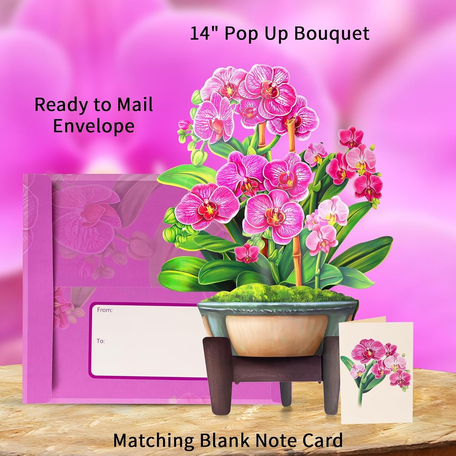 Airpark Pop Up Flower Card, 3D Paper Flowers Bouquet – 14" Orchids, Pink 
