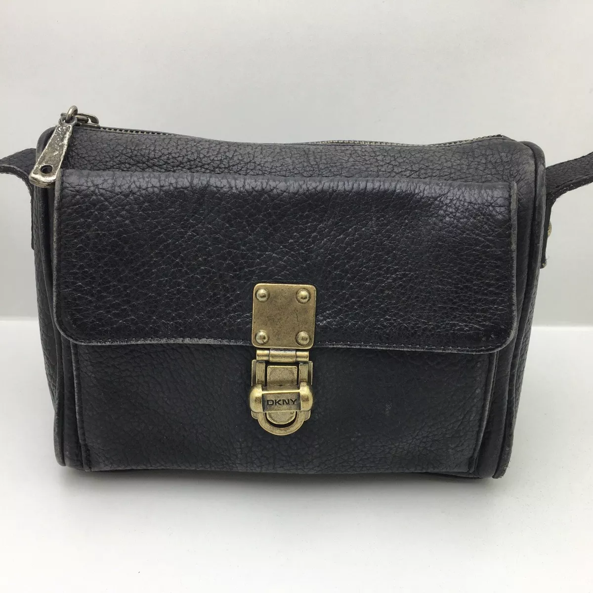 DKNY Vintage Black Leather crossbody purse box Y2K zip Goth Grunge Moto Rocker