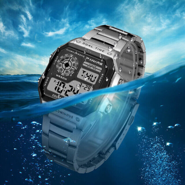 Herren Sport Date Quarz Analog Digital LED Edelstahl Wasserdichte Armbanduhr