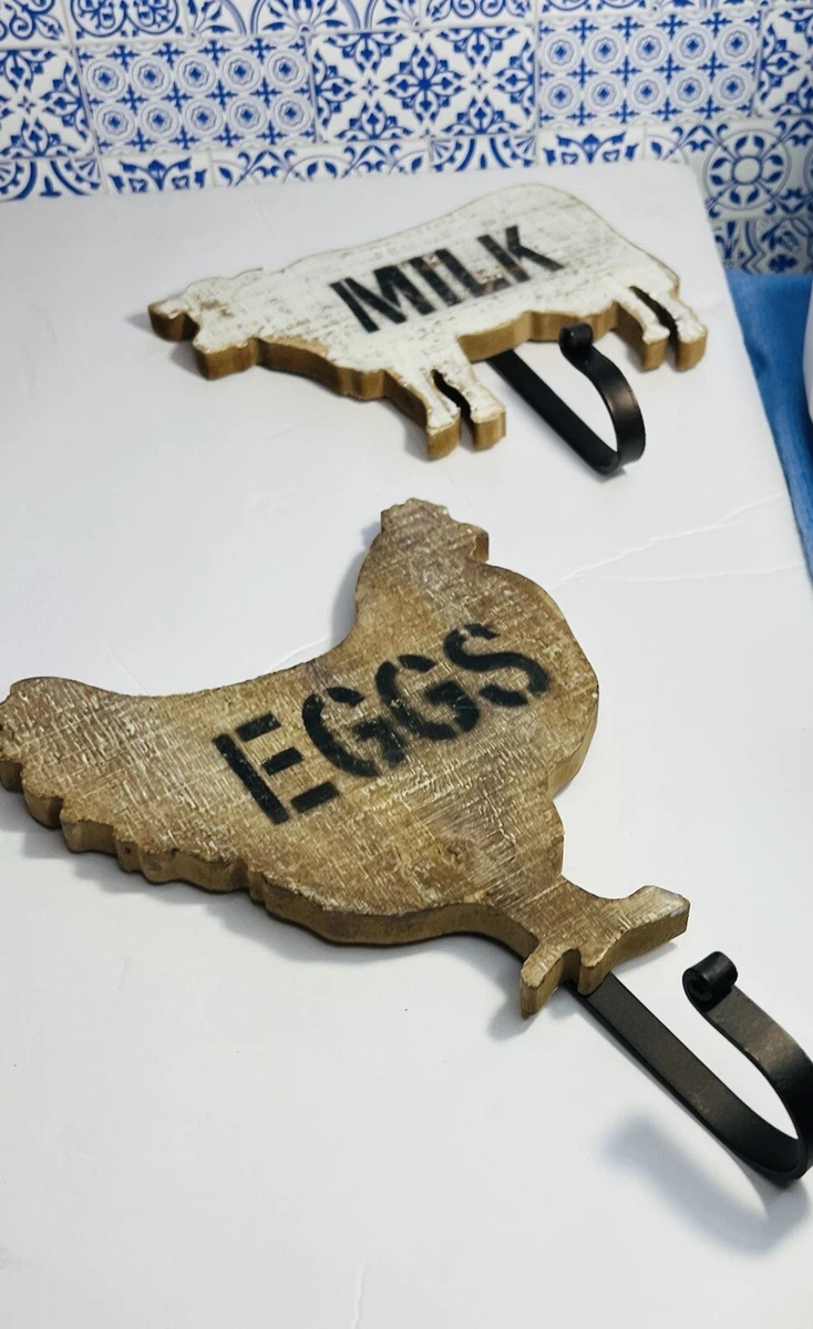 Farmhouse Wood Wall D cor Hooks Cow Milk Chicken Eggs Hobby