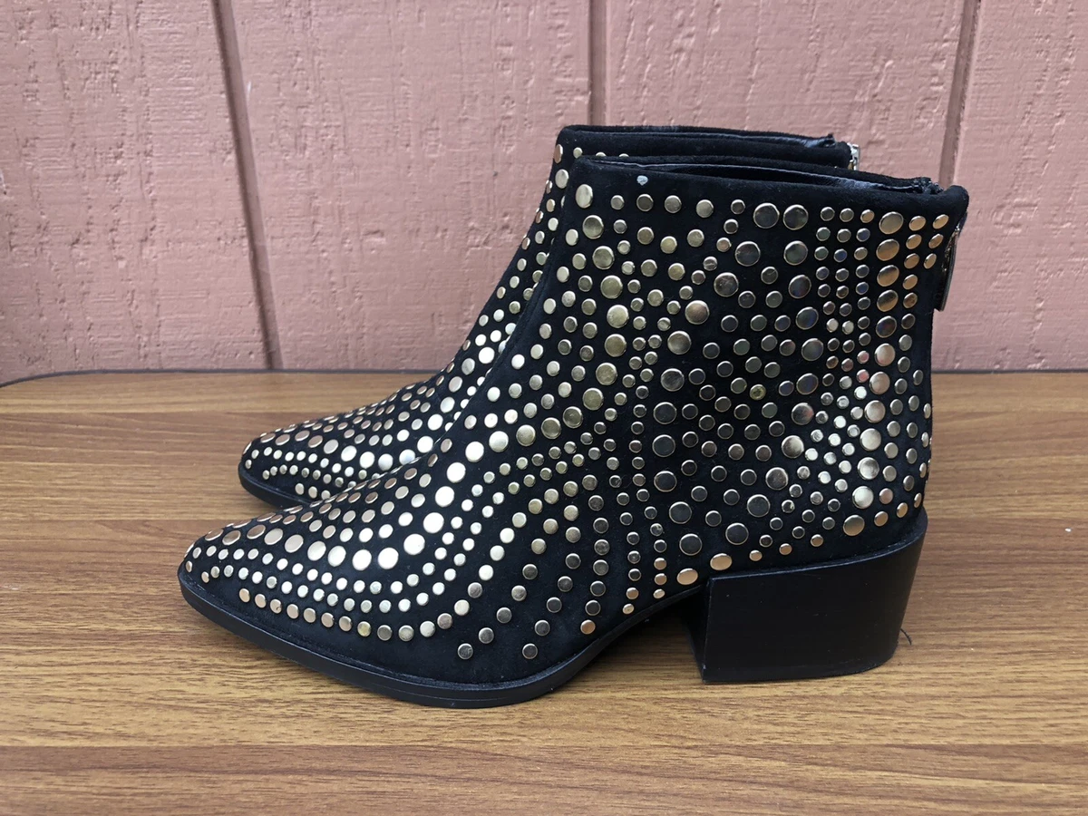 MINT Vince Camuto EDENNY US 6.5Black Suede Gold Studded Booties Ankle Boots CZ