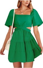 ANRABESS Square Neck Short Sleeve Cutout Crossover Waist Casual Dress, Small