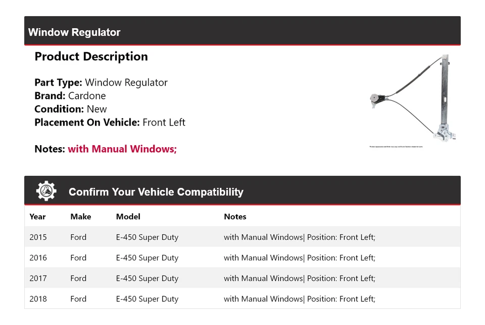 Regulador de ventana delantero izquierdo Cardone 2016 para Ford E-450 Super Duty 2015-2018 Foto 2 de 4