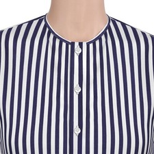 Men's Navy Blue Awning Stripes Collarless Mandarin Dress Grandad Cotton Shirt
