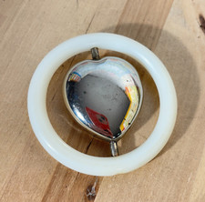 Vintage Silver Plated Heart Baby Rattle Teething Ring, Hard Plastic Teether