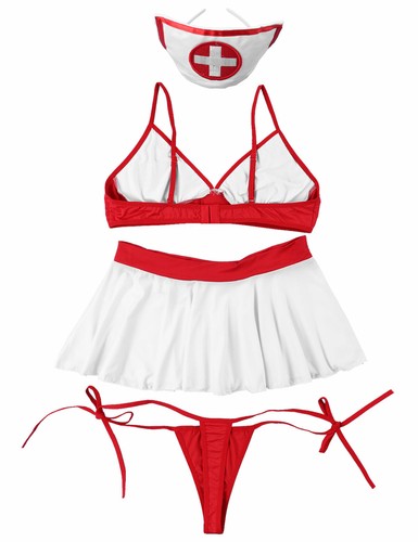 Nurse Cosplay Uniform Cupless Bra Top Costume Babydoll Dress Lingerie Bodysuit - Picture 80 of 139