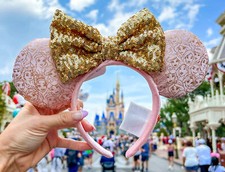 Disney Parks Pink & Gold Bow Princess Mickey Minnie Mouse Ear Headband NEW