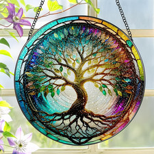 Stained Glass Window Hanging, 8'' Tree of Life Suncatcher, Stained Glass