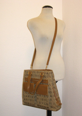 BVLGARI gorgeous logo canvas handbag with shoulder strap, beige-brown
