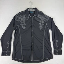 Roar Signature Auspicious Button Up Shirt Mens 2XL Tribal Embroidered Stretch