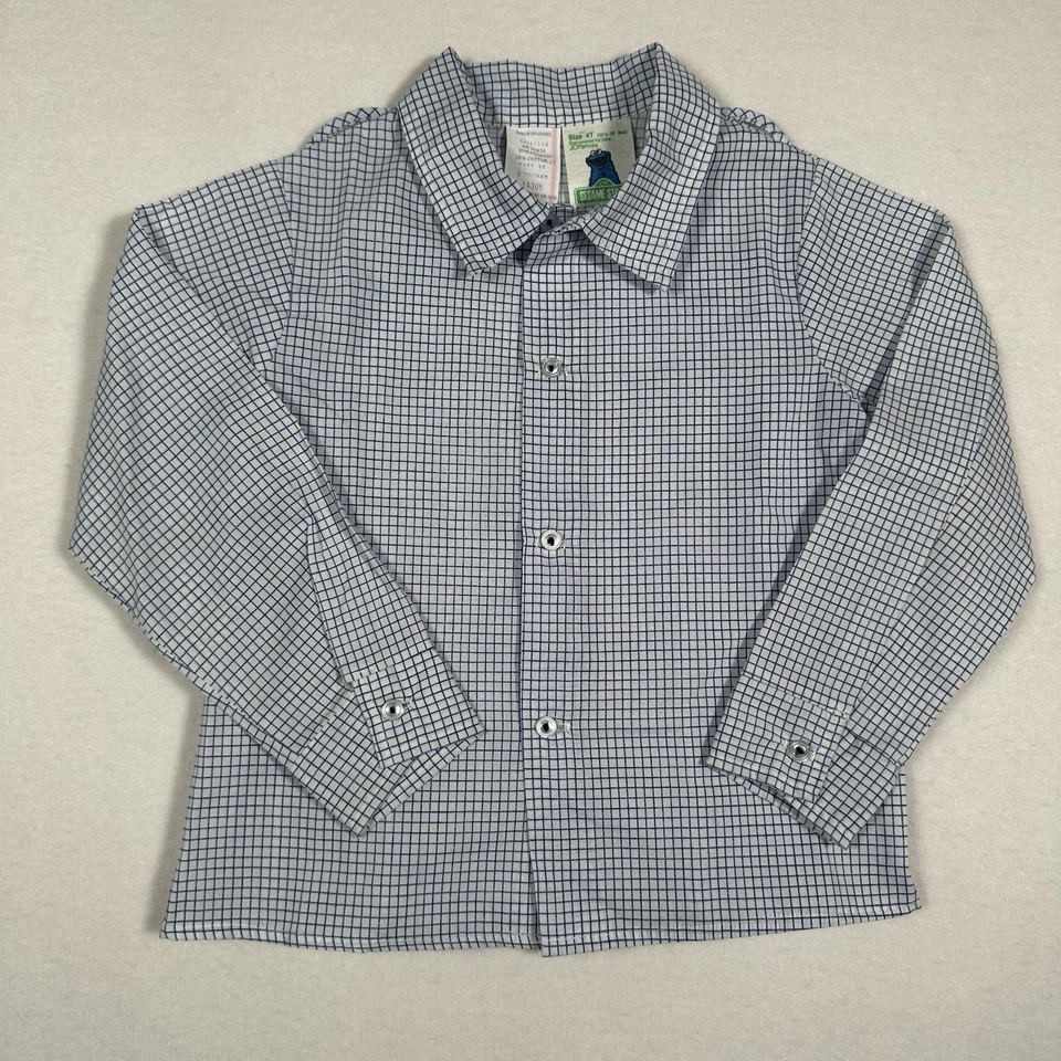 Vintage 80s 90s Sesame Street Boys 4T Blue White Checkered Button-Up Shirt - Image 2 of 4