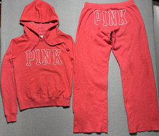 Victoria Secret Pink Coral Hoodie Joggers Set Womens S 30x32 Spellout Grunge Y2K