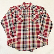 Ely Cattleman Western Pearl Snap Plaid Shirt Mens Large Red Long Sleeve Cowboy