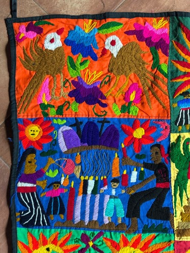 Vintage Guatemalan Hand Embroidered Tapestry Quilt, 30" x 30 1/2" - Picture 5 of 7