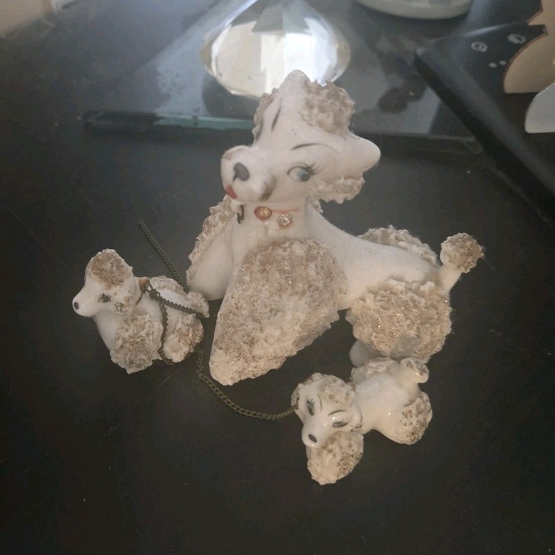 Porcelain Poodle Dog Figurine Set of 3 Mother & 2 Puppies