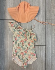 RuffleButts Girls Flamingo One Piece Ruffle Swimsuit Size 8 with Swim Hat