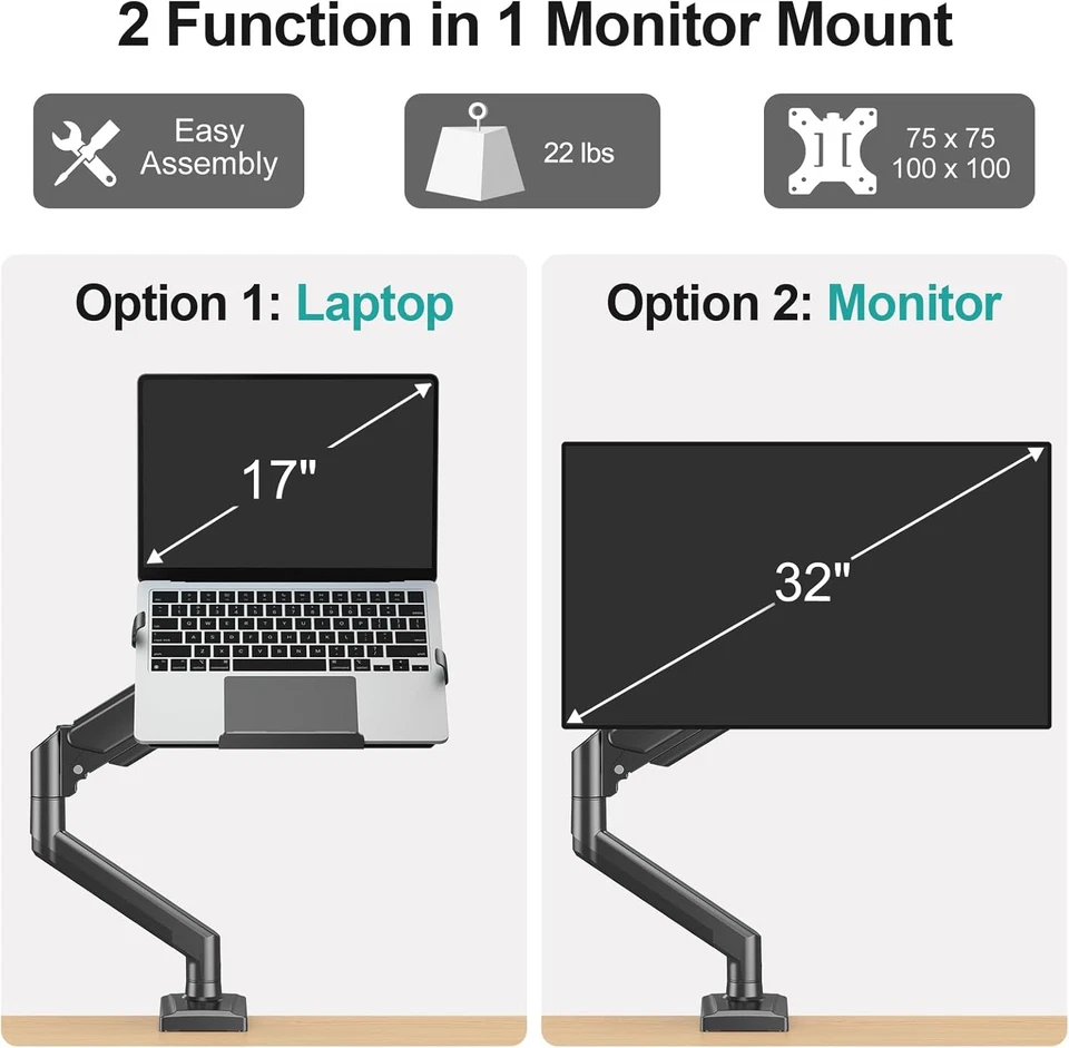 Laptop Arm Mount for Desk, 2 in 1 Function Monitor Laptop Stand, Fits Max 17" No - Image 2 of 4