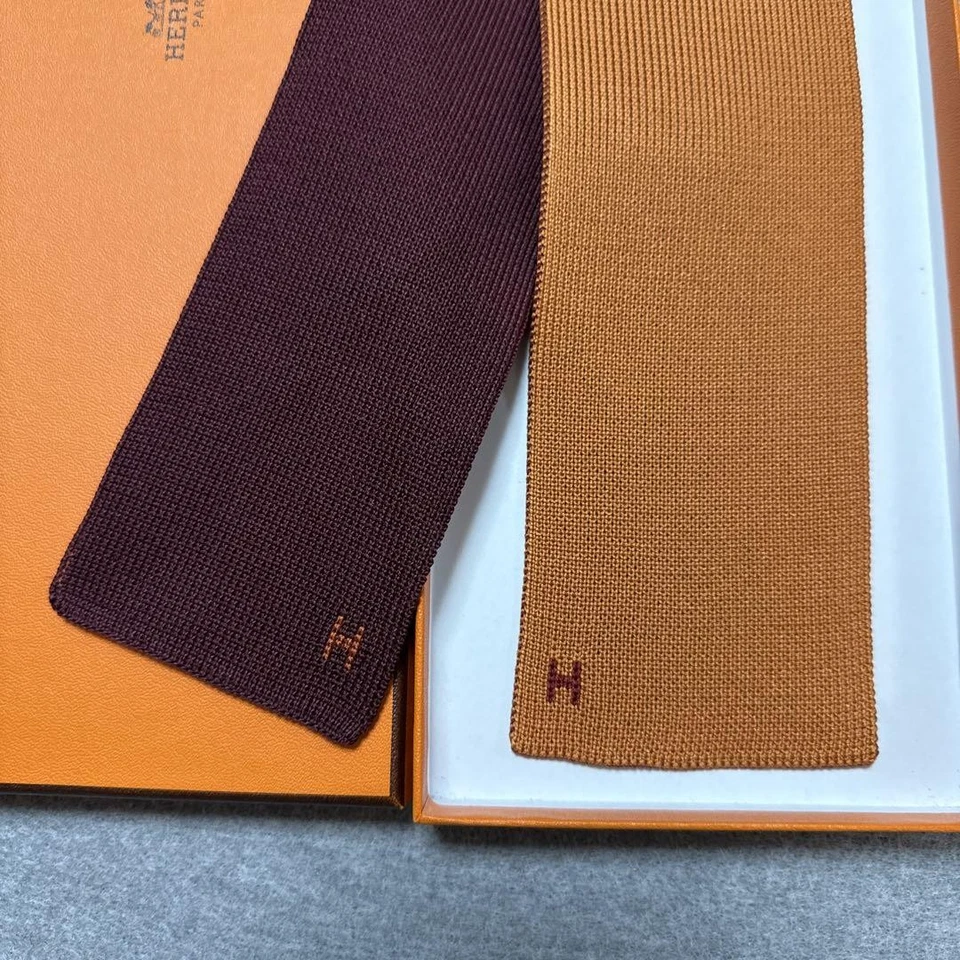 Hermes Orange Silk Knit Tie 4-Way H Pattern Used Good Condition - Image 2 of 4