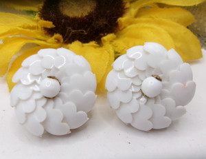 RARE SIGNED Miriam Haskell White Milk Glass Flower Clip On Filigree Earrings