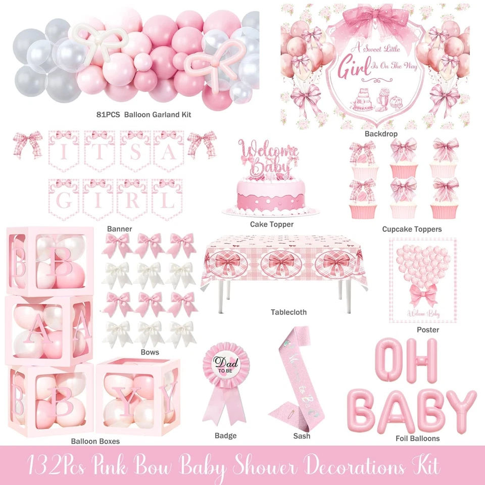 Розовый ребенка душа украшения набор 132 шт воздушный шар гирлянда баннер торт Топпер - Изображение 2 из 4