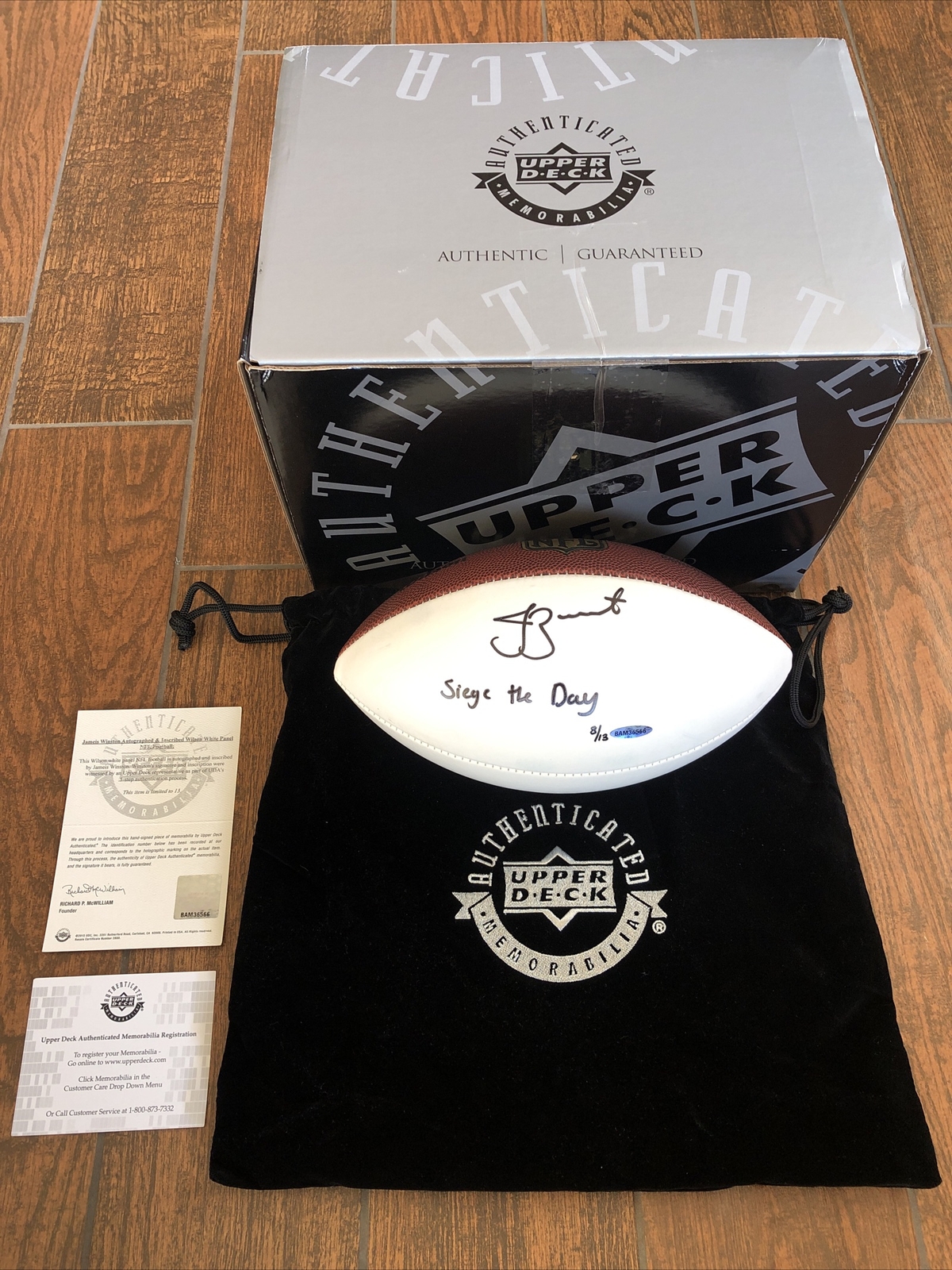 Jameis Winston Autographed Signed Tampa Bay Buccaneers Wilson White Panel Football "Siege the Day" #/13 UDA 