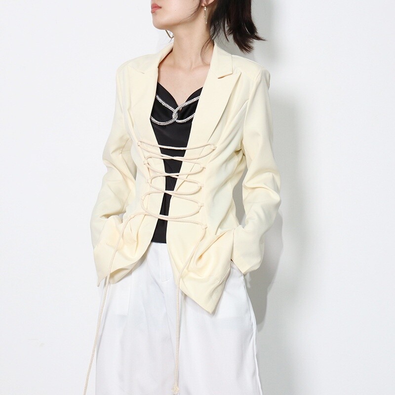 Lady Lace-up Slim Fit Blazer OL Solid Jacket Long Sleeve Lapel Suit Coat Slim