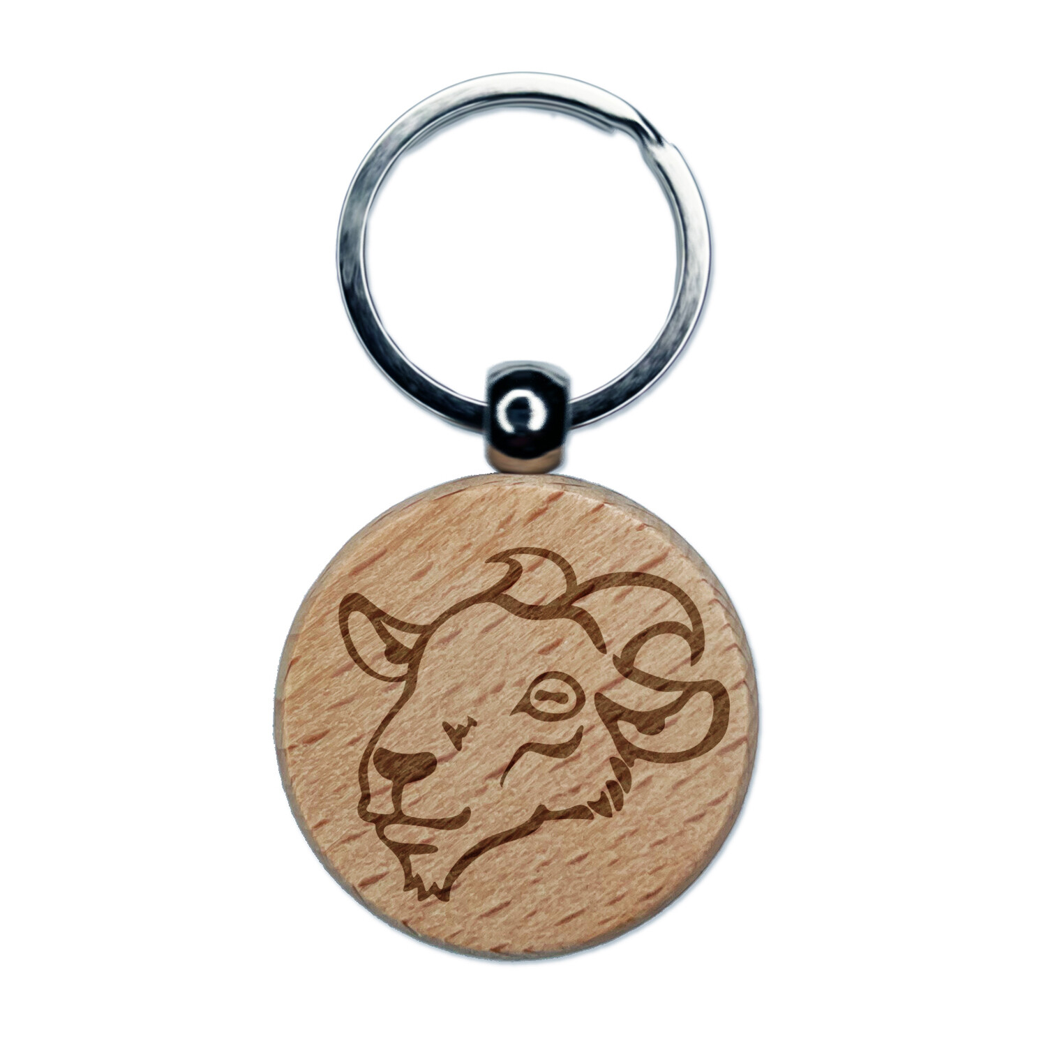 Goat Head Engraved Wood Round Keychain Tag Charm