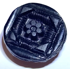 Antique Jet Black Glass Button Mixed Texture Geometric Tunnel Shank 9/16"