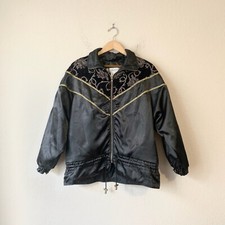 VTG LAVON Windbreaker Jacket Women Sz S Velour Embroidered Gold Drawstring 90s