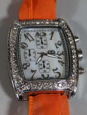 Pearlized Dial Silver Tone Rectangle Case Orange Satin Wrap Band Watch 33 Inch