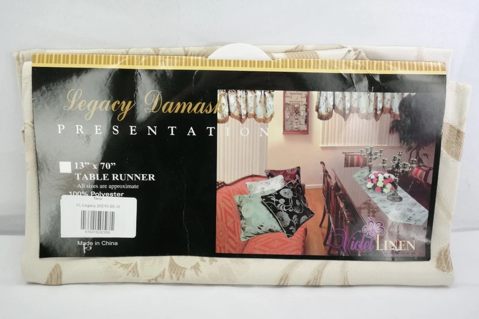 Damask Table Runner 13" x 70" Beige by Violet Linen TF - Image 2 of 4