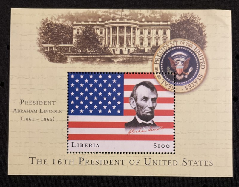 Liberia SS of USA President Abraham Lincoln stamp. MNH. Year 2008.
