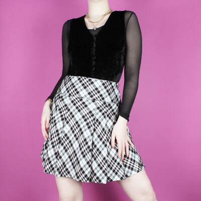 Vintage 2000er Y2K Mini Plissee Kilt Schule schwarz weiß Schottenkaro Rock XS 6 8