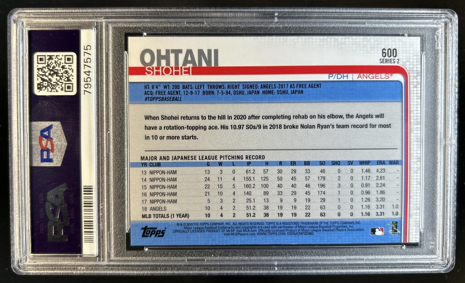 2019 Topps Shohei Ohtani Super Rookie All-Star #600 Angels PSA 10 GEM MINT view 2