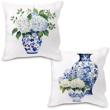 Blue and White Chinoiserie Hydrangea Pillow Covers 18x18, Chinoiserie Decor, ...