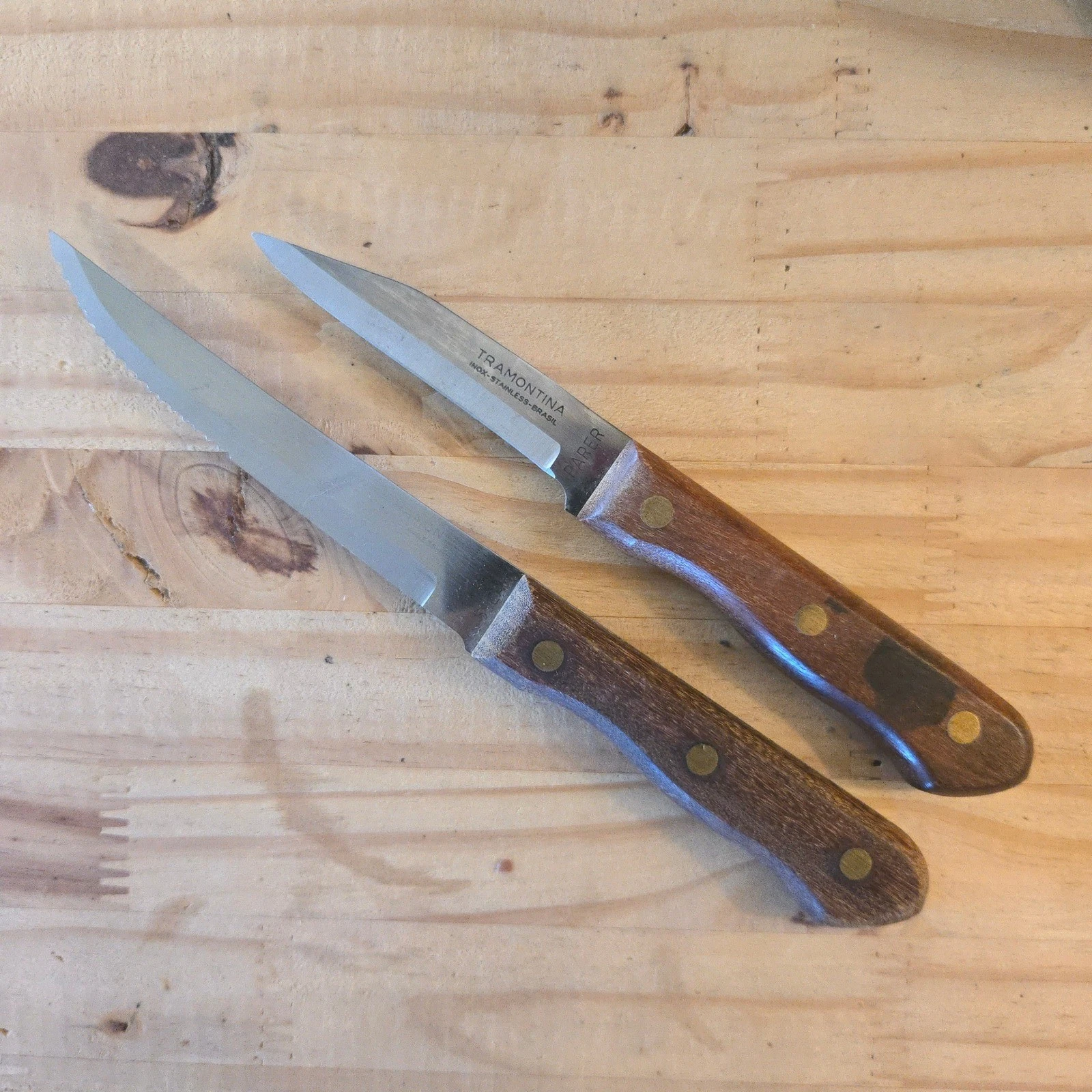VTG Tramontina Knife Set Paring Steak 8.5 & 7" Brown Wood Handle Serrated Brazil
Opens in a new wind