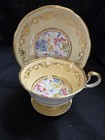 Light Yellow AYNSLEY Cup Saucer W/ Floral Chintz Centers Scrolling Gold Trim Eng — photo 1