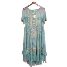 Free People Sabrina Maxi Slip Dress Sheer Embroidered Sequin Boho Blue Mesh Sz M